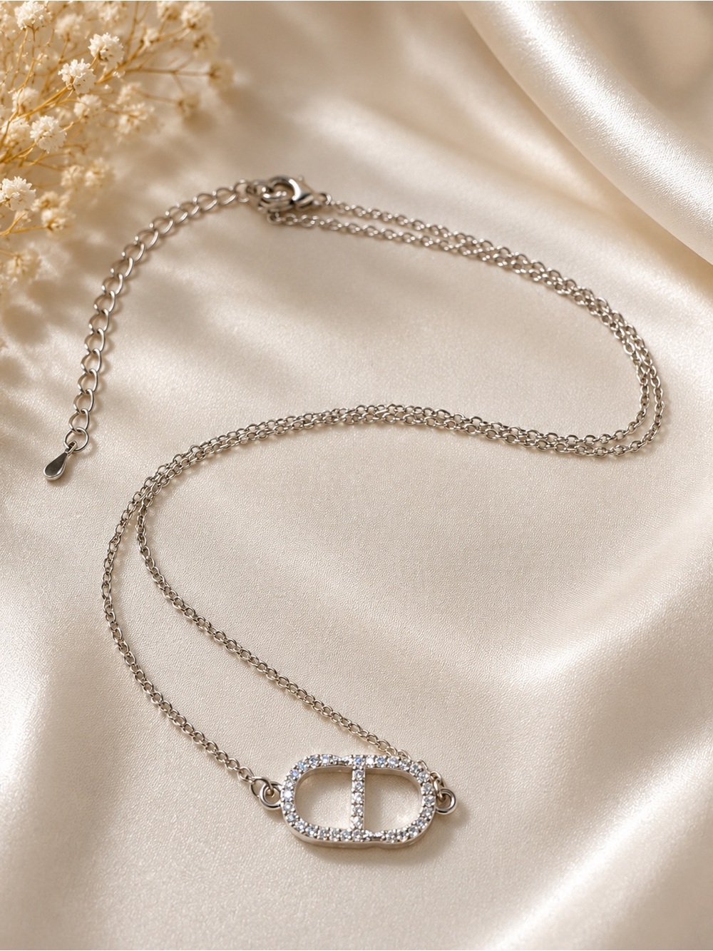 Stainless Steel Crystal Oval Link Pendant Necklace - 17 inches